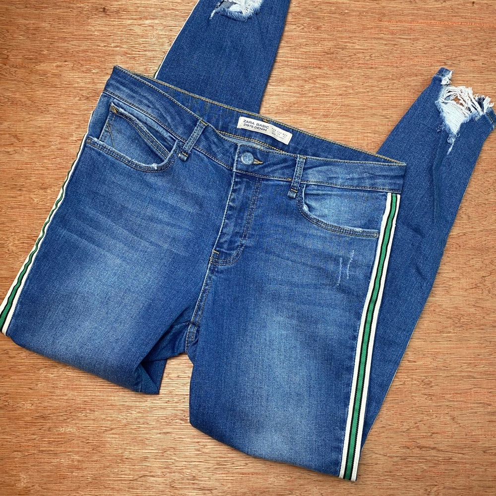 SOLD. Zara Basic Z1975 Denim Green Side Stripe Sz 8 - Picture 2 of 8